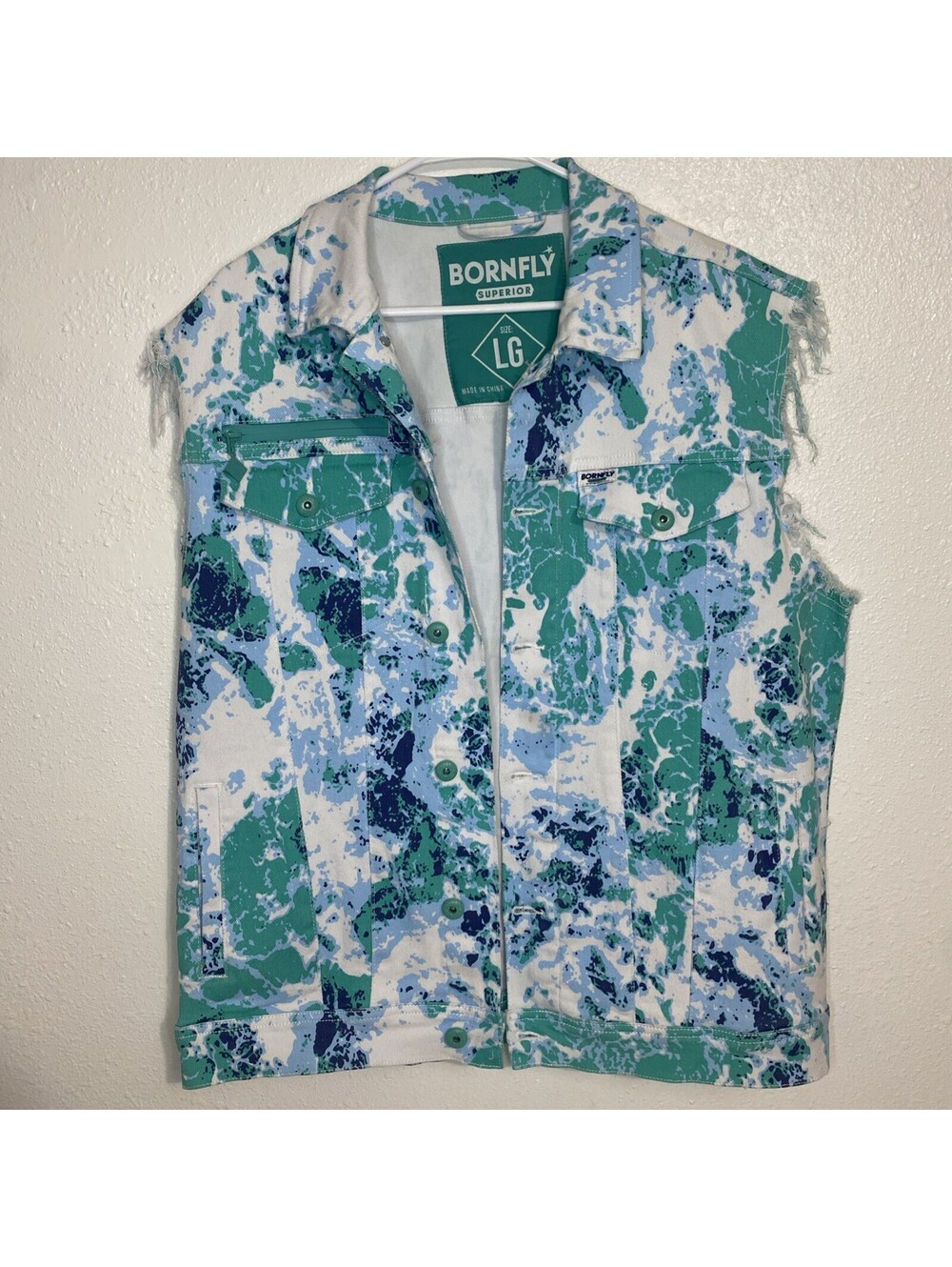 born fly jacket Superior Teal Green Blue White Tie dye Sleeveless Jean Jacket